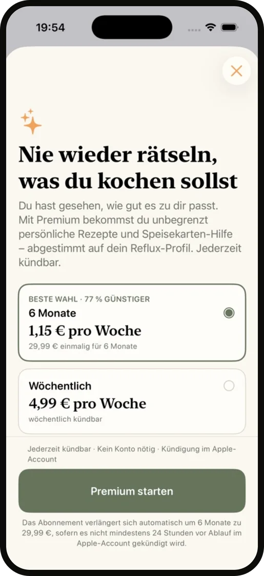 Premium in der Reflux Kitchen App: unbegrenzt persönliche Rezepte und Speisekarten-Hilfe