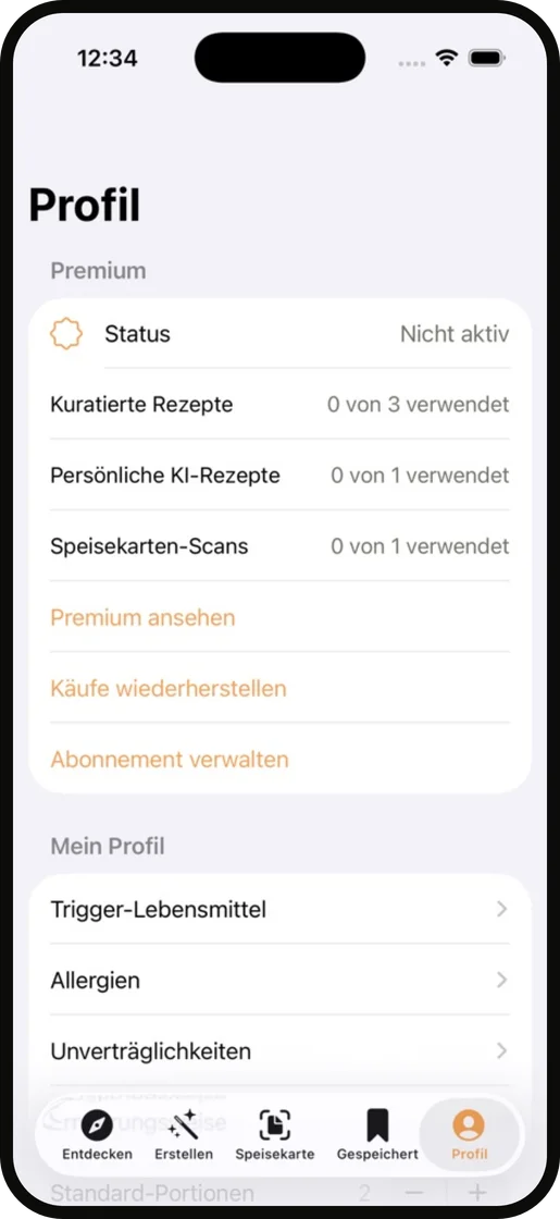 Profil in der Reflux Kitchen App: Auslöser-Lebensmittel, Allergien und Unverträglichkeiten hinterlegen