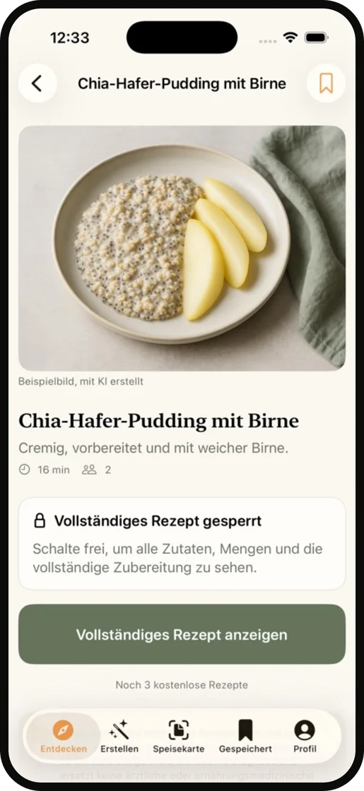 Rezeptansicht Chia-Hafer-Pudding mit Birne in der Reflux Kitchen App