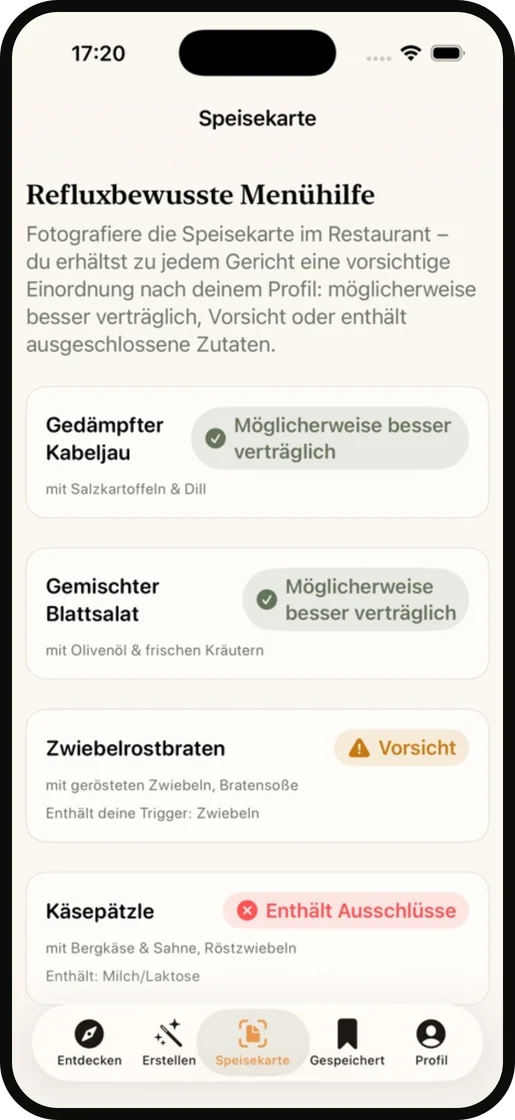 Speisekarte mit der Reflux Kitchen App analysieren