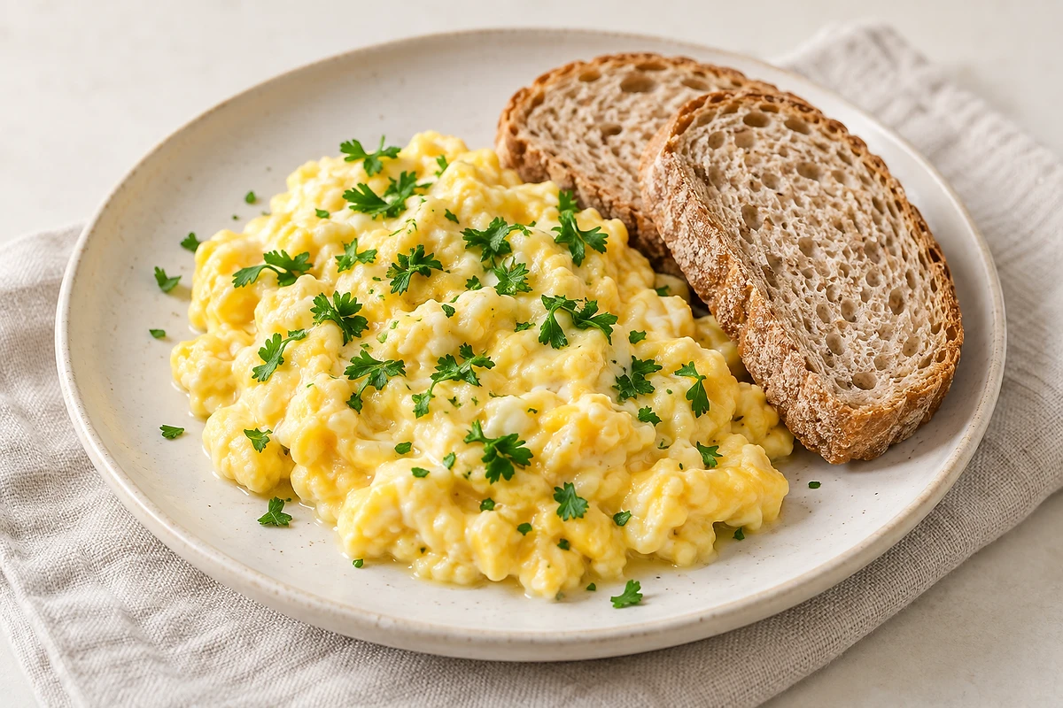 Cremiges Rührei mit Petersilie neben zwei Scheiben Dinkelbrot auf einem hellen Teller.