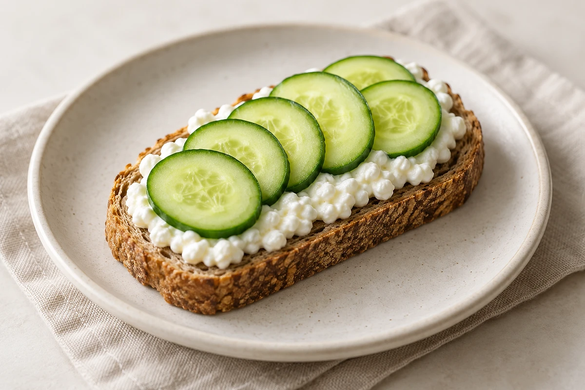 Zwei Scheiben Dinkeltoast mit Hüttenkäse und dünnen Gurkenscheiben auf einem hellen Teller.