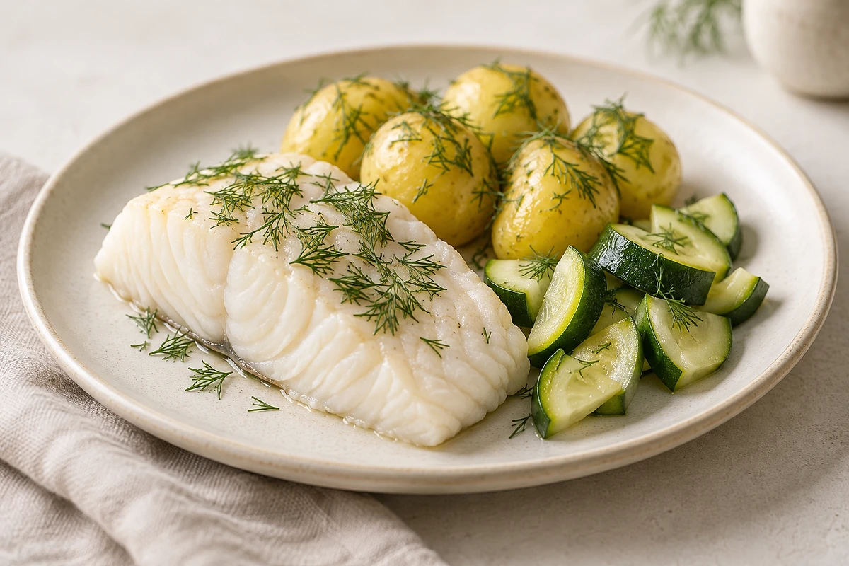 Gedämpftes Kabeljaufilet mit kleinen Kartoffeln und Zucchini auf einem hellen Teller.