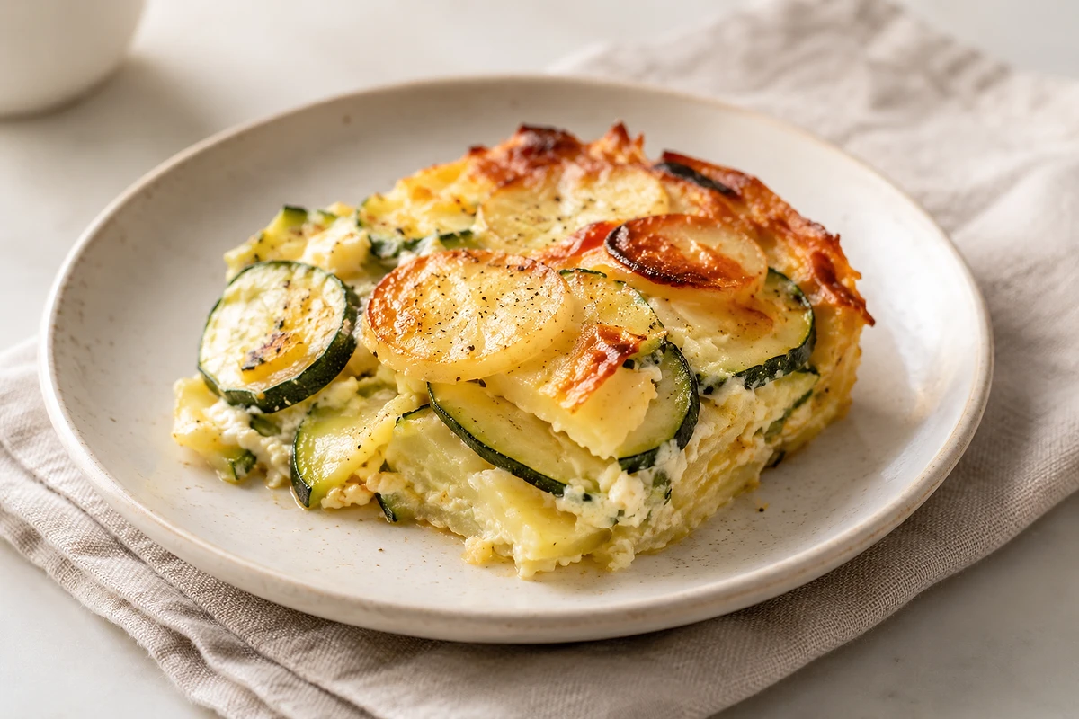 Kartoffel-Zucchini-Auflauf mit goldener Oberfläche in einer kleinen Auflaufform.
