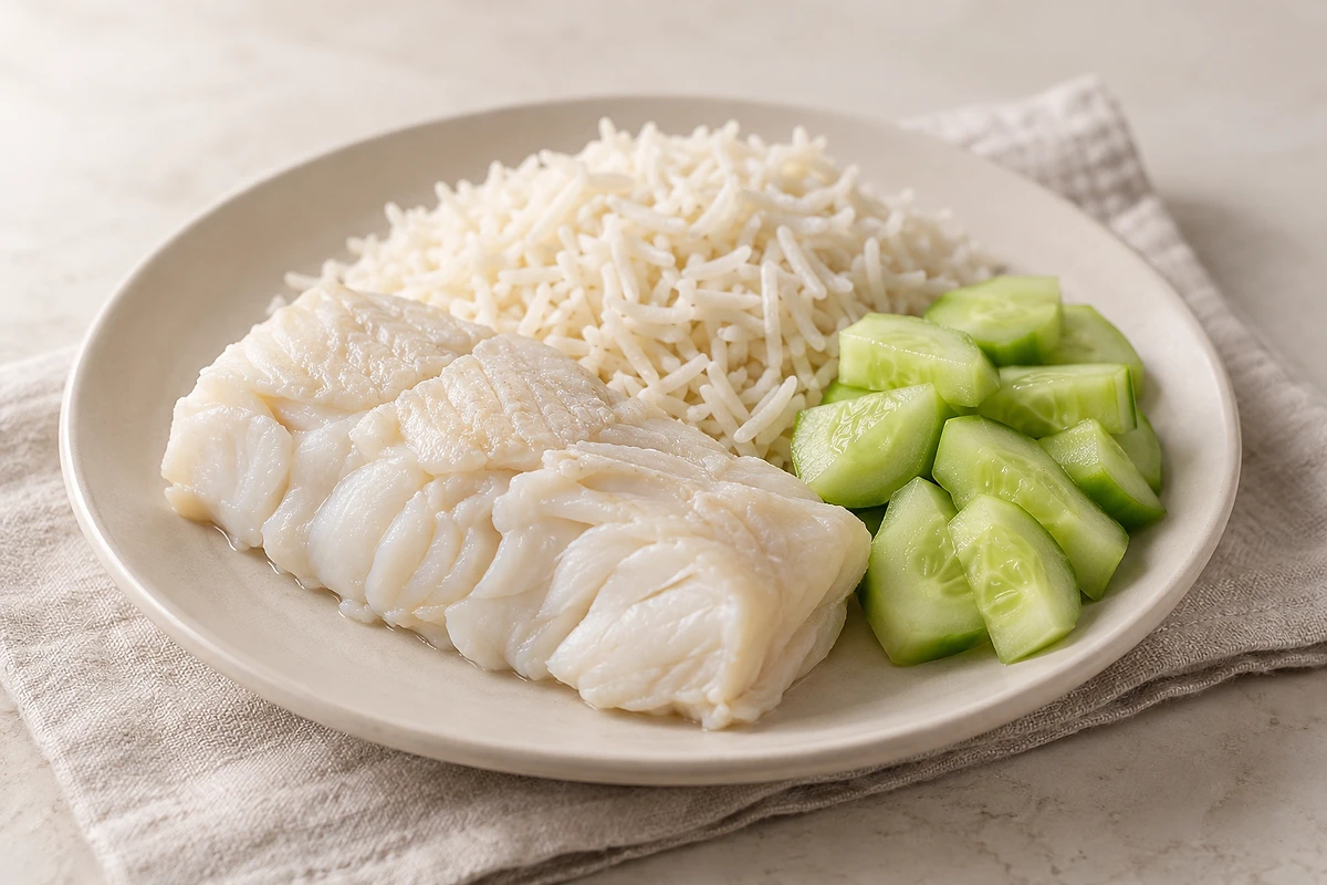 Gedünstetes Kabeljaufilet mit Basmatireis und Gurkenstücken auf einem warmen Teller.