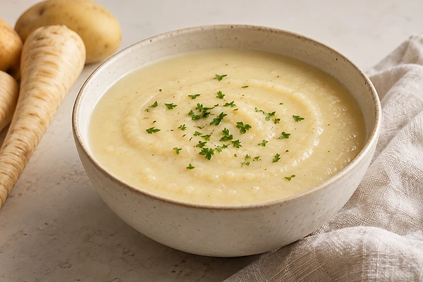 Cremige helle Pastinaken-Kartoffel-Suppe in einer Schale mit Kräutern bestreut.