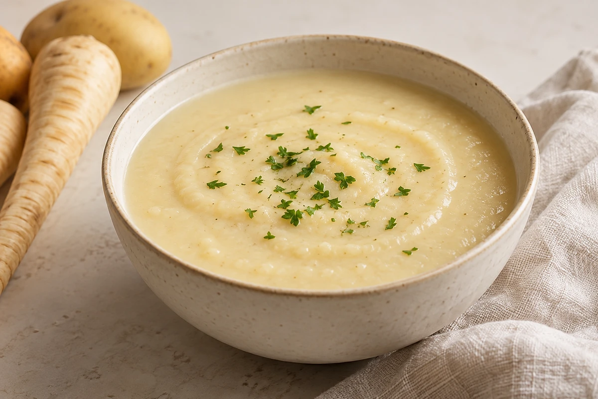 Cremige helle Pastinaken-Kartoffel-Suppe in einer Schale mit Kräutern bestreut.