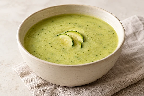 Cremige Zucchini-Kartoffel-Suppe in einer hellen Schale mit Kräutern bestreut.