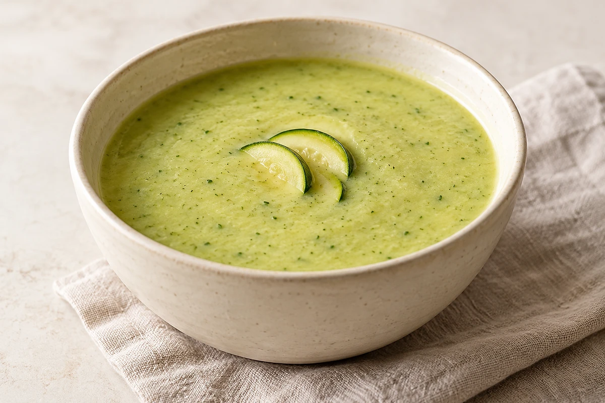 Cremige Zucchini-Kartoffel-Suppe in einer hellen Schale mit Kräutern bestreut.