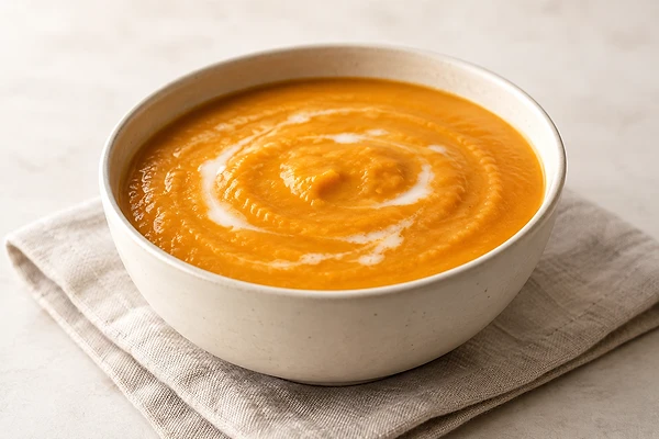 Cremige Süßkartoffelsuppe mit Kräutern in einer hellen Schale.