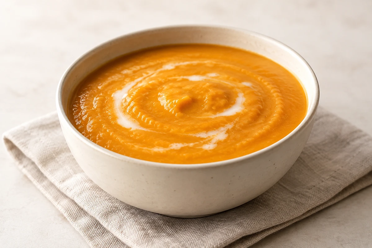 Cremige Süßkartoffelsuppe mit Kräutern in einer hellen Schale.