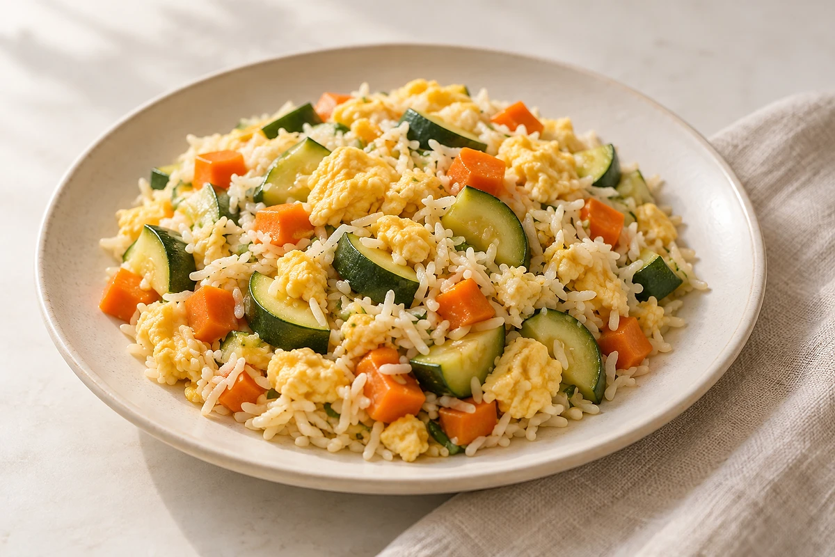 Reis-Gemüse-Pfanne mit Zucchini, Karotte und Ei in einer Pfanne.