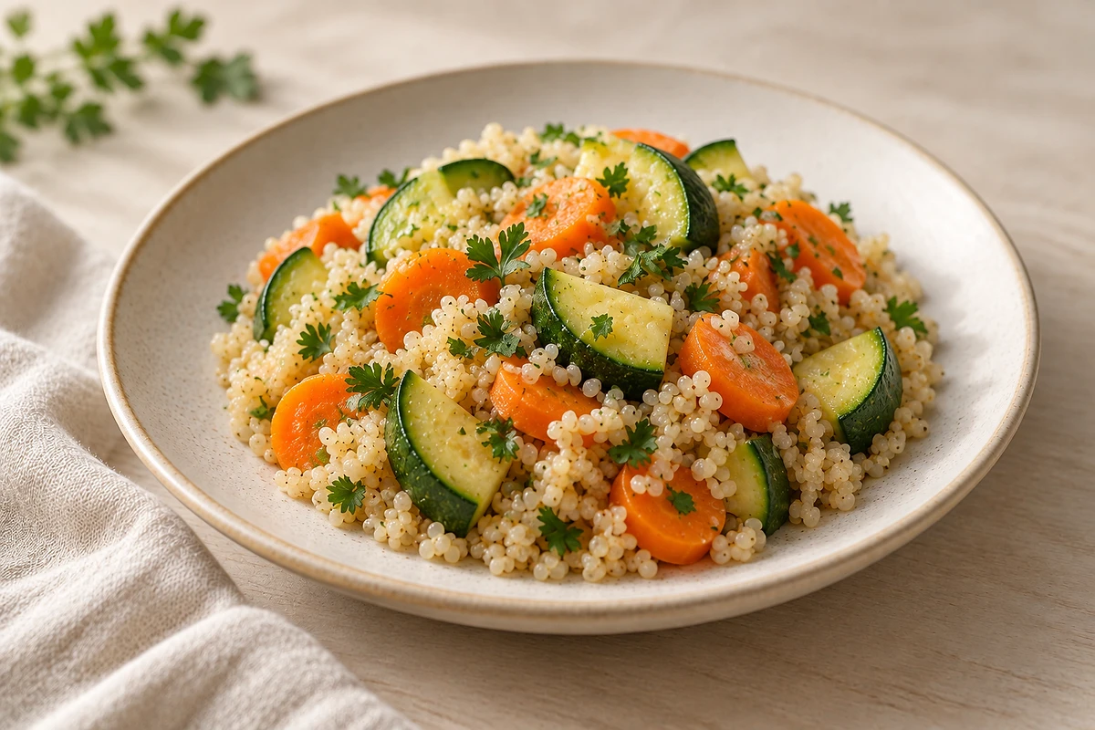 Schüssel mit Quinoa, gedämpfter Zucchini, Karotte und Süßkartoffel, bestreut mit Petersilie.