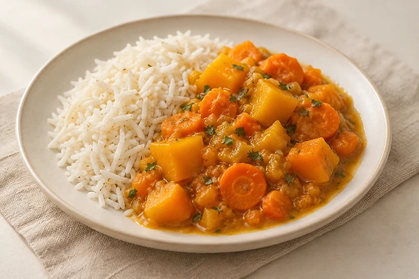 Oranges Kürbis-Karotten-Ragout mit Basmatireis und Petersilie auf einem hellen Teller.