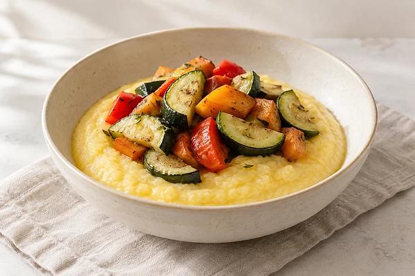 Cremige Polenta mit gebackenem Gemüse aus Zucchini, Karotte und Süßkartoffel in einer Schale.