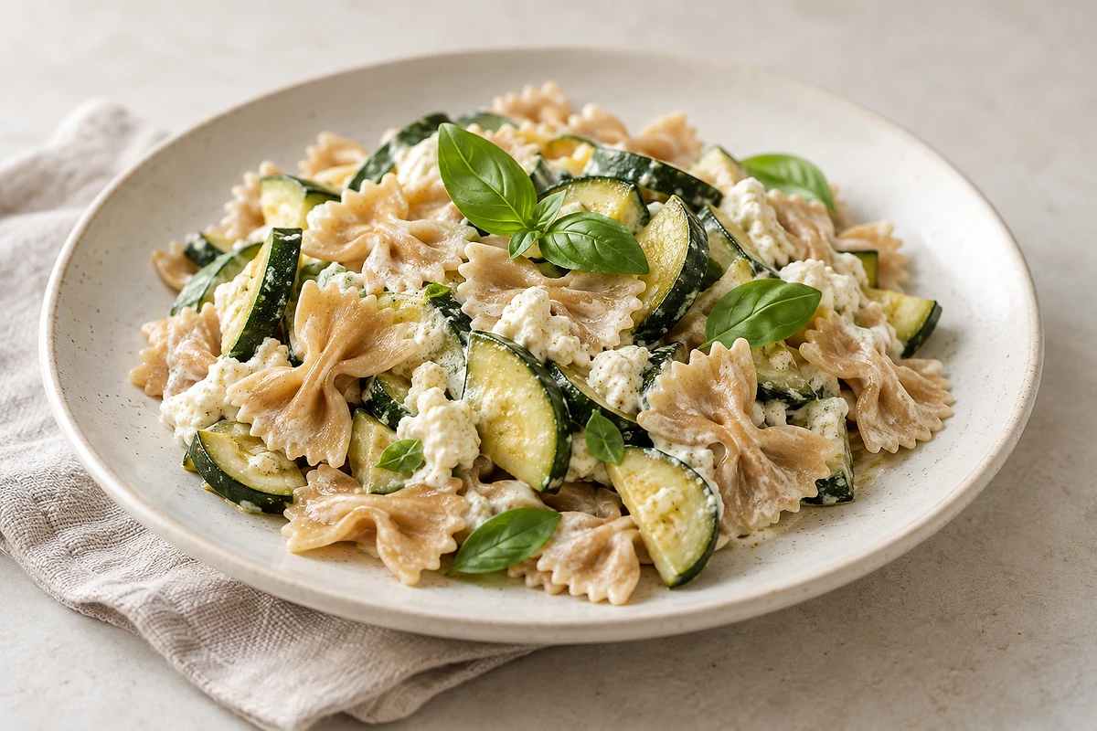 Dinkelfarfalle mit Zucchini in heller cremiger Sauce, garniert mit Basilikum.