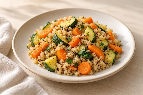 Bowl mit Quinoa, gedünsteter Zucchini und Möhre, bestreut mit frischem Dill.