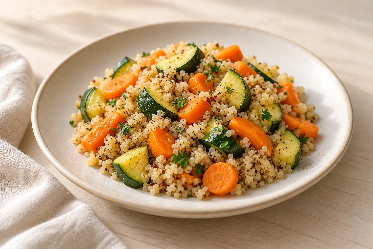 Bowl mit Quinoa, gedünsteter Zucchini und Möhre, bestreut mit frischem Dill.