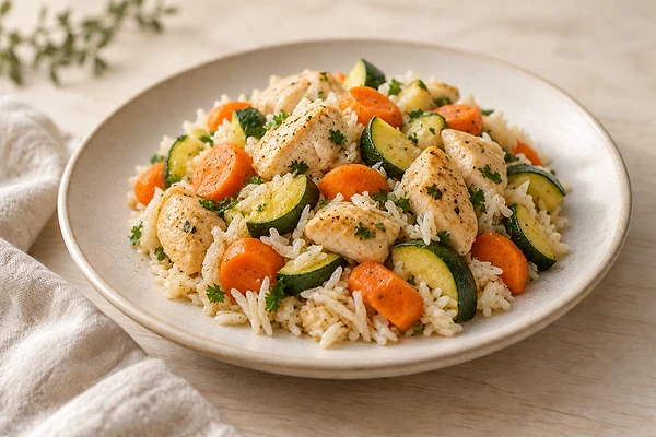 Hähnchen-Gemüse-Pfanne mit Karotte, Zucchini und Basmatireis auf einem hellen Teller.