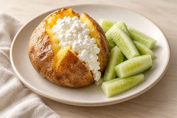 Aufgeschnittene Ofenkartoffel gefüllt mit Hüttenkäse, Gurkenwürfeln und Dill auf einem Teller.