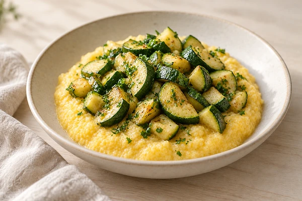 Cremige Polenta mit gedünsteten Zucchini- und Karottenstücken in einer Schale.