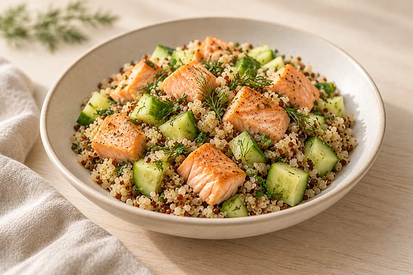 Lachs-Bowl mit Quinoa, dünnen Gurkenscheiben und gedünsteter Zucchini, garniert mit Dill.
