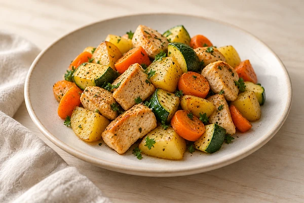 Puten-Gemüse-Pfanne mit Kartoffelstücken, Zucchini und Karotte in einer Pfanne.