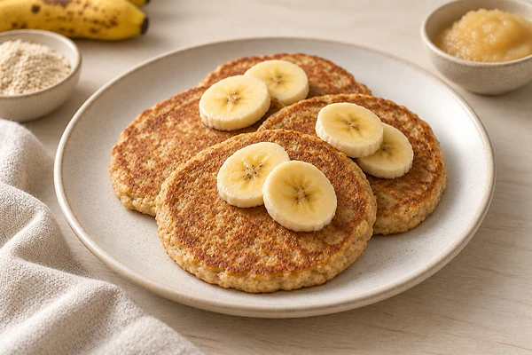 Kleine Bananen-Hafer-Pancakes gestapelt auf einem hellen Teller.