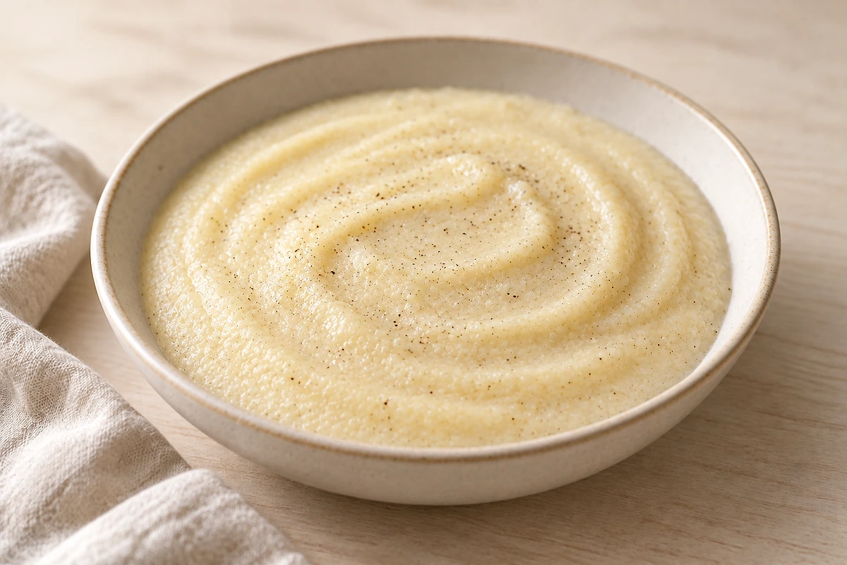 Cremiger heller Grießpudding mit einer Prise Vanille in einer kleinen Schale.