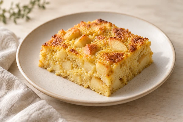 Hirse-Auflauf mit Apfelstücken, in kleine Portionen geschnitten in einer Auflaufform.