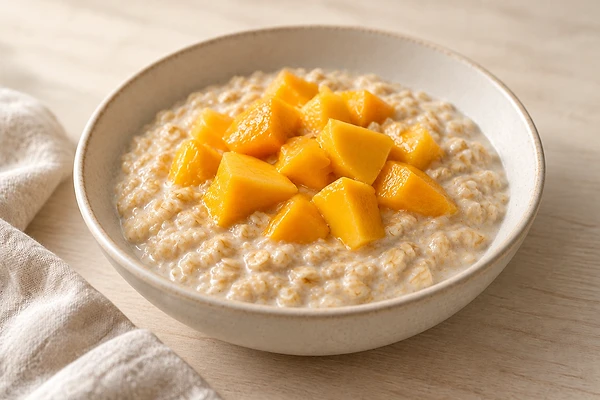 Glas mit cremigem Hafer-Pudding und pürierter Mango, bestreut mit Chiasamen.