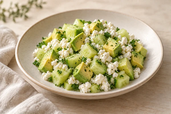 Milder Gurken-Avocado-Salat mit Hüttenkäse und Dill in einer Schale.
