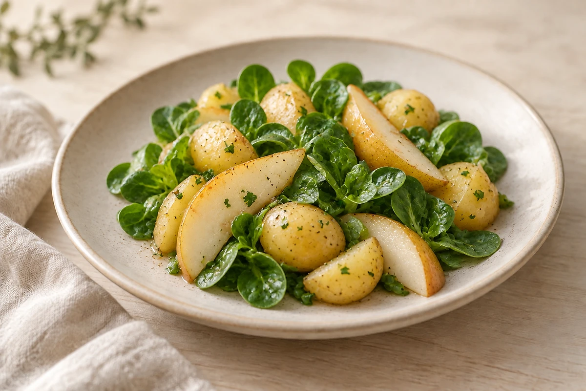 Lauwarmer Feldsalat mit Kartoffeln und gedünsteter Birne in einem hellen Dressing auf einem Teller.