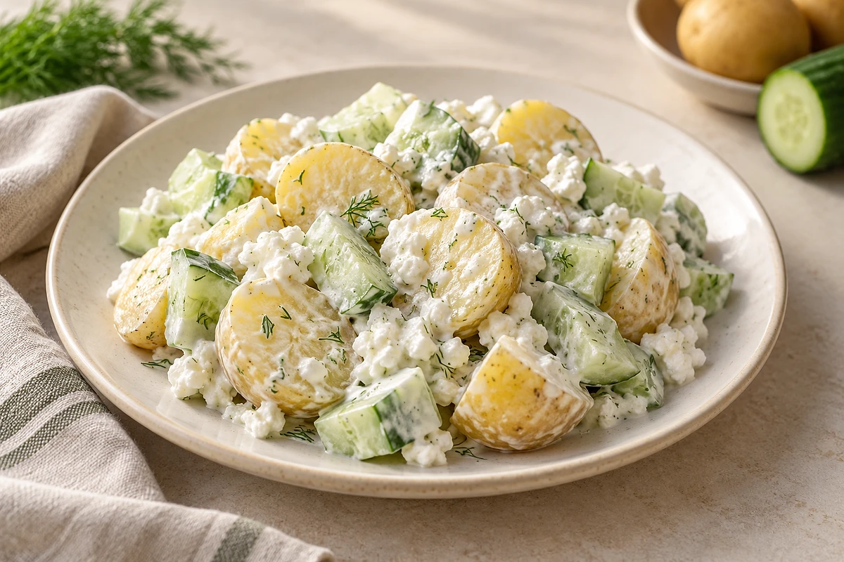 Milder Kartoffelsalat mit geschälten Gurkenstücken und Dill in einer hellen Schale.
