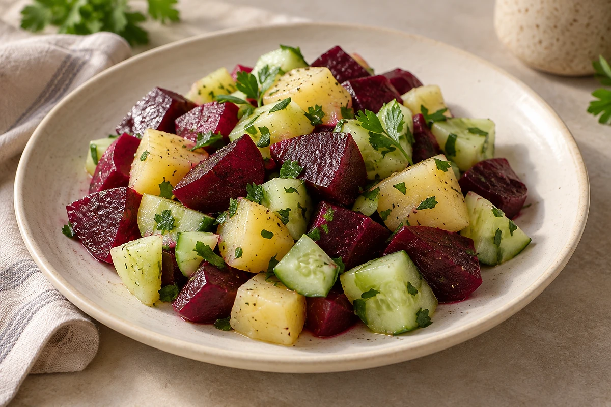 Lauwarmer Rote-Bete-Kartoffel-Salat mit Dill in einer hellen Schale.