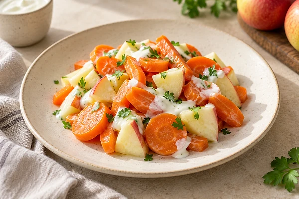 Lauwarmer Möhren-Apfel-Salat mit Joghurt und Petersilie in einer kleinen Schale.