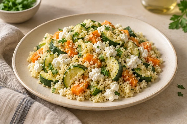 Lauwarmer Couscous-Salat mit Zucchini, Karotte und Dill in einer flachen Schale.