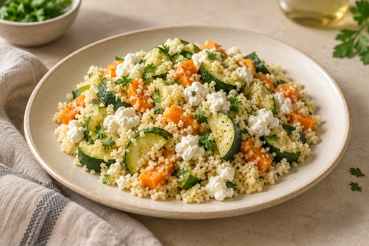 Lauwarmer Couscous-Salat mit Zucchini, Karotte und Dill in einer flachen Schale.