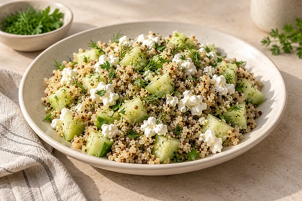 Quinoa-Gurken-Salat mit Hüttenkäse und Dill in einer hellen Schüssel.