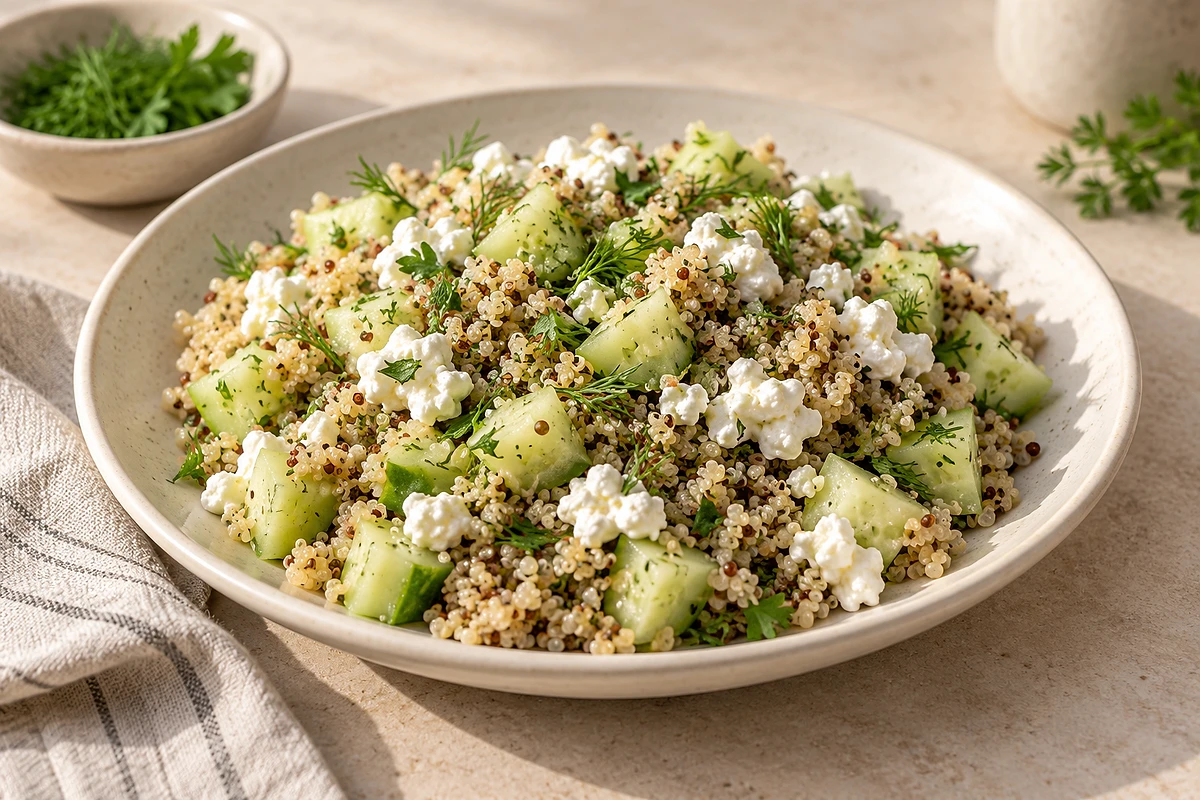 Quinoa-Gurken-Salat mit Hüttenkäse und Dill in einer hellen Schüssel.