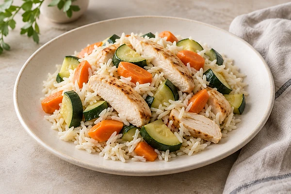 Lauwarmer Reissalat mit Hähnchenstücken, Zucchini und Karotte in einer Schale mit Kräutern.