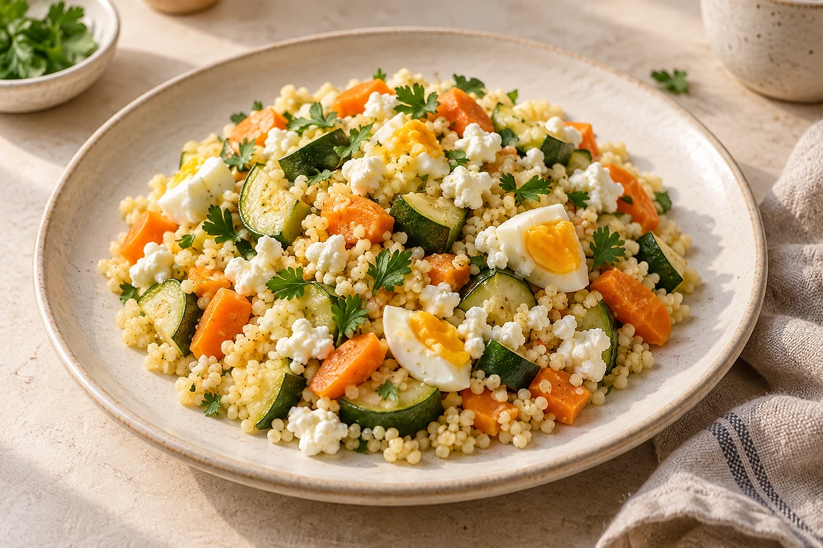 Hirse-Salat mit gedünsteten Zucchini- und Karottenwürfeln und Kräutern in einer Schale.