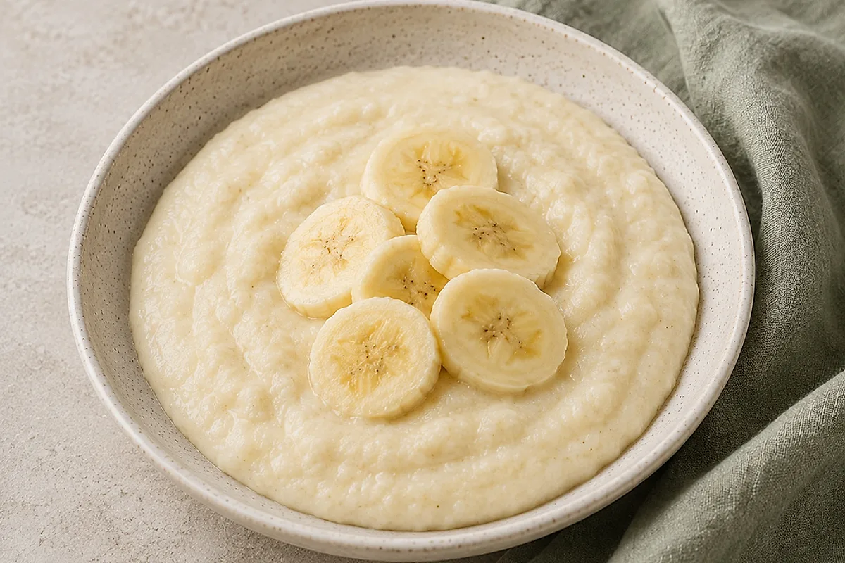 Cremiger Grießbrei mit Bananenscheiben in einer hellen Schale.