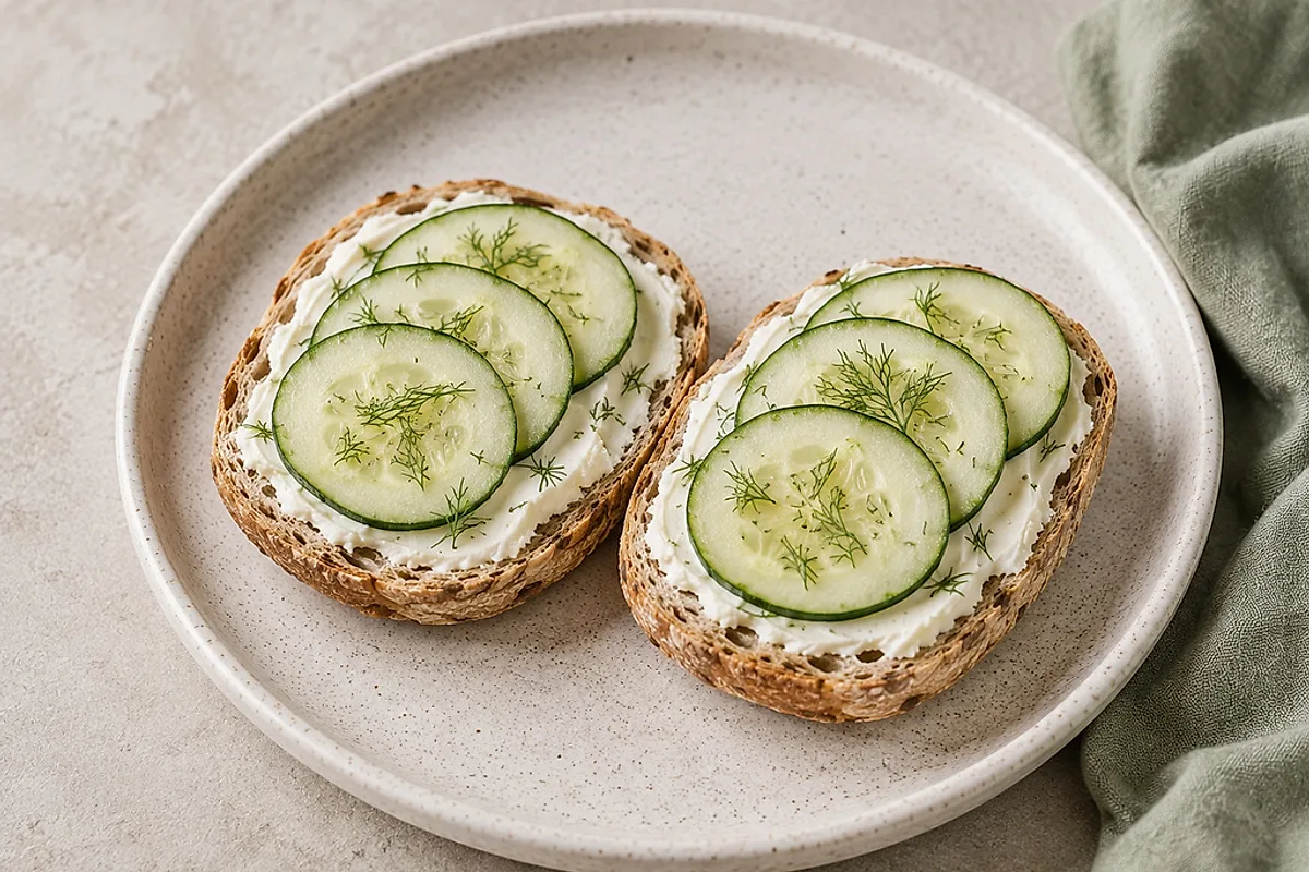 Aufgeschnittene Dinkelbrötchen mit Frischkäse und Gurkenscheiben auf einem Teller.