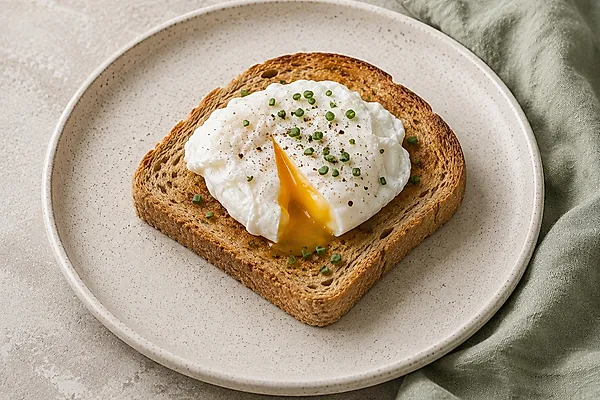 Pochiertes Ei auf einer Scheibe Dinkeltoast mit frischen Kräutern.