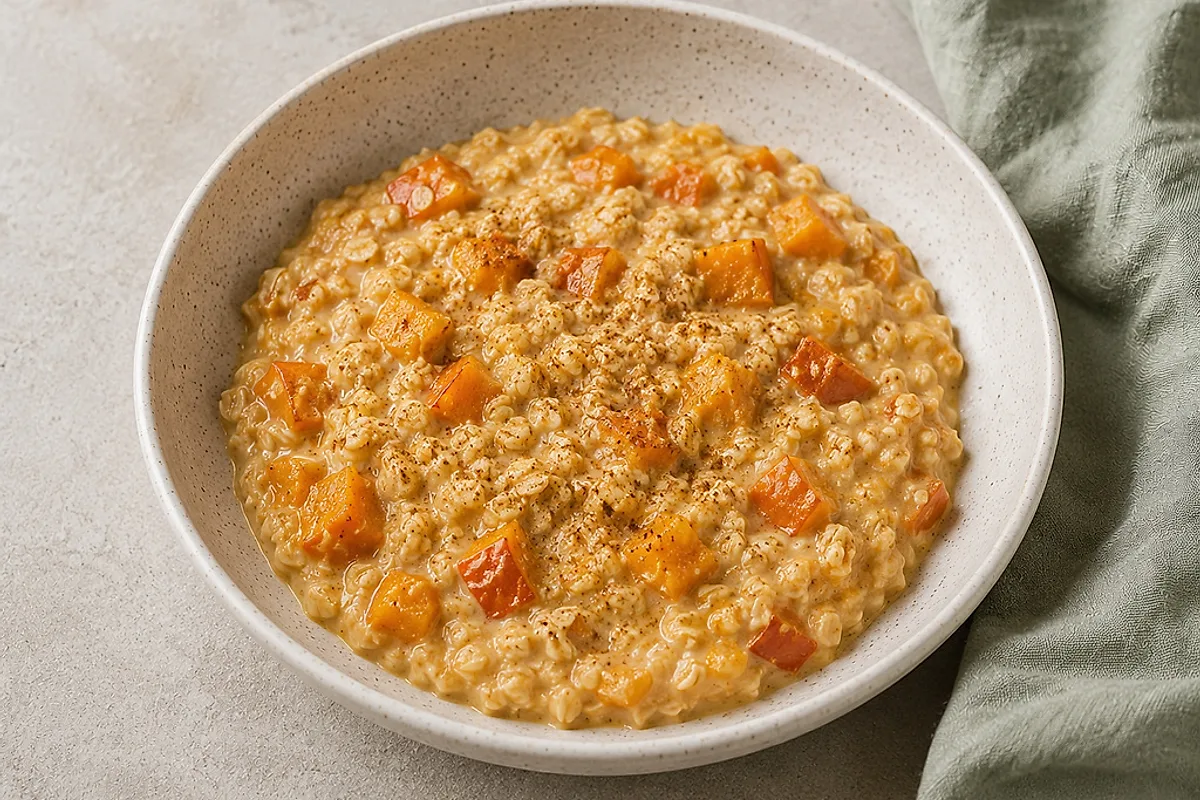 Cremiges Kürbis-Hafer-Porridge mit Zimt in einer hellen Schale.
