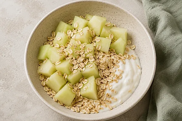 Honigmelonenstücke auf Pflanzenjoghurt, bestreut mit Haferflocken, in einer Schale.
