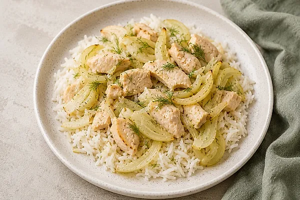 Basmatireis mit weichem Fenchel und Hähnchenstücken in einer hellen Schale.