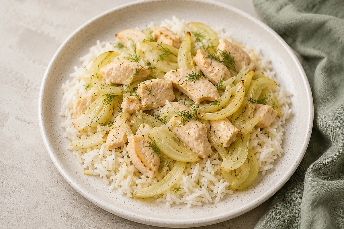 Basmatireis mit weichem Fenchel und Hähnchenstücken in einer hellen Schale.