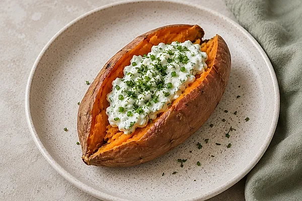 Aufgeschnittene, gebackene Süßkartoffel mit Kräuterquark auf einem hellen Teller.